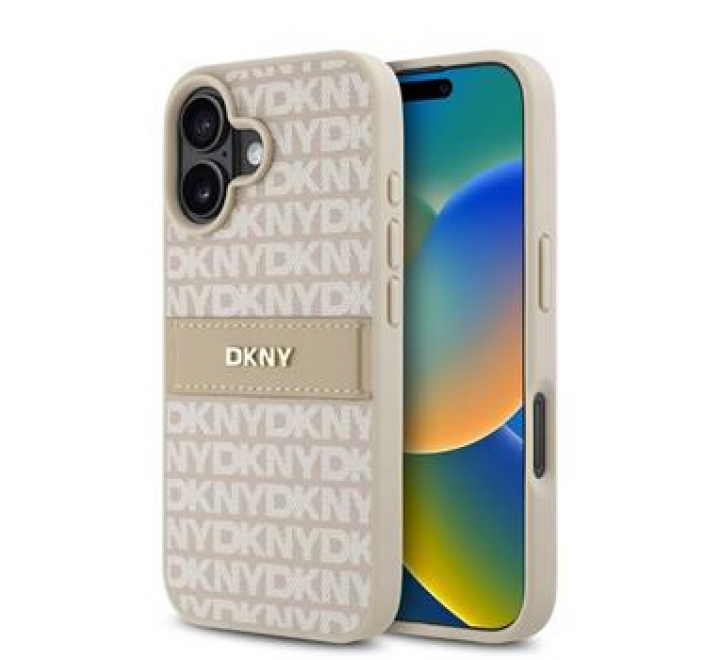DKNY PU Leather Repeat Pattern Tonal Stripe Zadní Kryt pro iPhone 16 Plus Pink