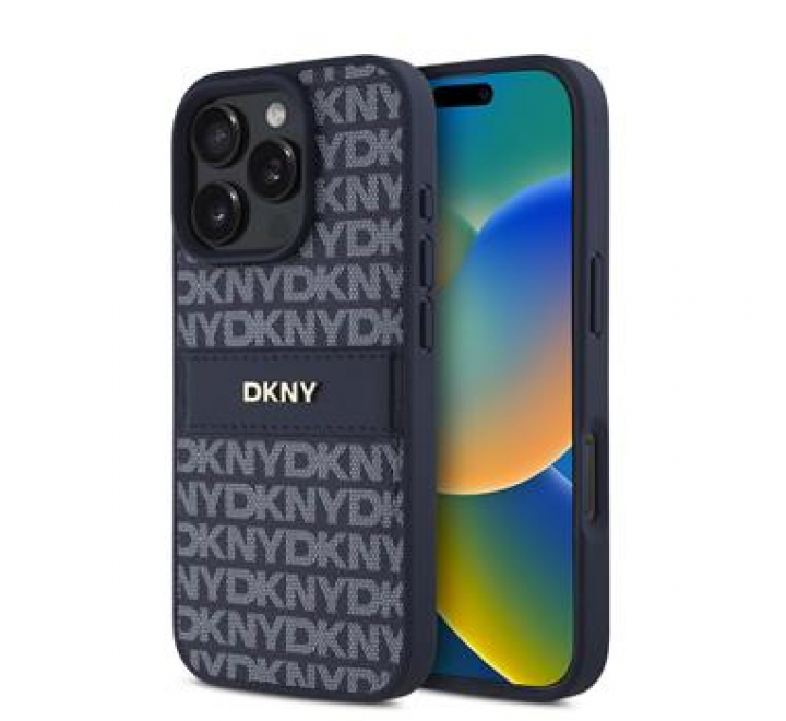 DKNY PU Leather Repeat Pattern Tonal Stripe Zadní Kryt pro iPhone 16 Pro Blue