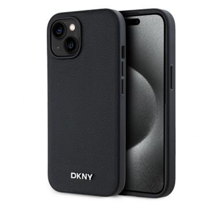 DKNY PU Leather Silver Metal Logo Magsafe Zadní Kryt pro iPhone 14 Black