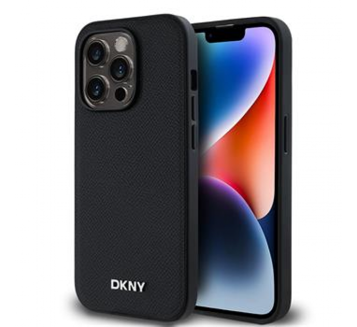 DKNY PU Leather Silver Metal Logo Magsafe Zadní Kryt pro iPhone 14 Pro Black