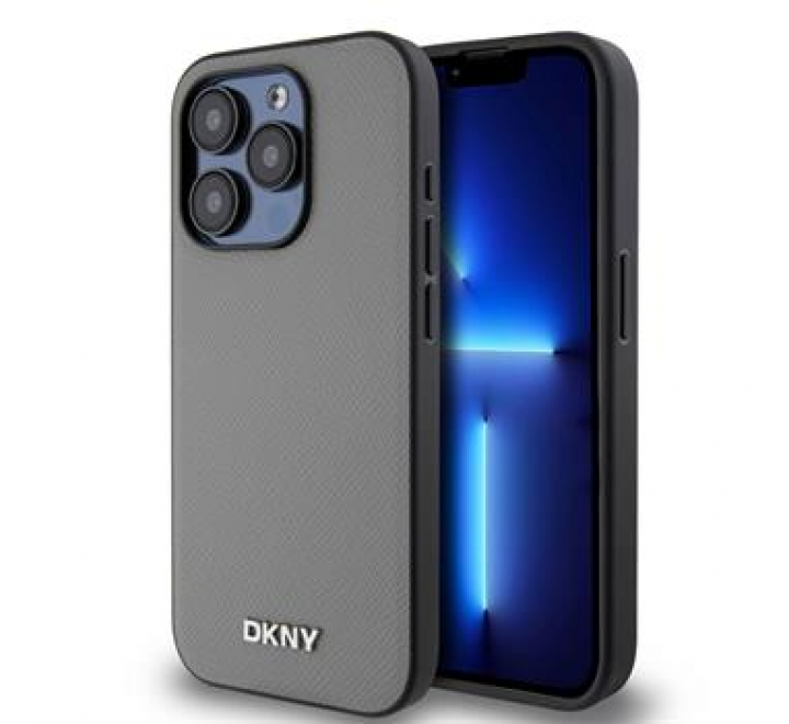DKNY PU Leather Silver Metal Logo Magsafe Zadní Kryt pro iPhone 14 Pro Grey