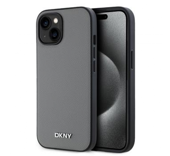 DKNY PU Leather Silver Metal Logo Magsafe Zadní Kryt pro iPhone 15 Grey