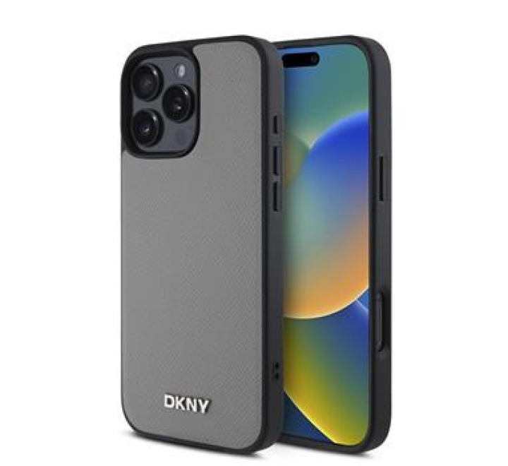 DKNY PU Leather Silver Metal Logo Magsafe Zadní Kryt pro iPhone 16 Pro Grey
