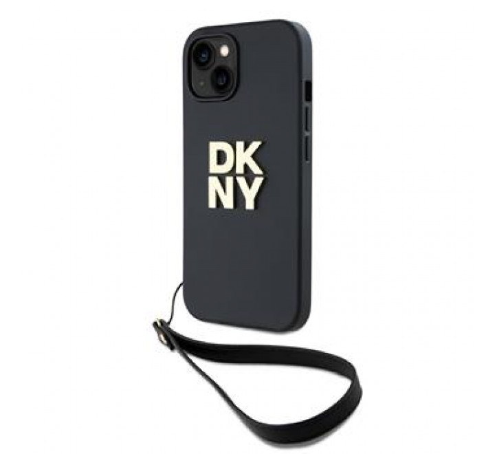 DKNY PU Leather Stack Logo Wrist Strap Zadní Kryt pro iPhone 13 Black