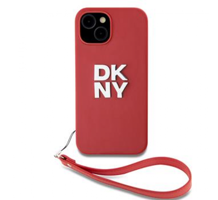 DKNY PU Leather Stack Logo Wrist Strap Zadní Kryt pro iPhone 13 Pink