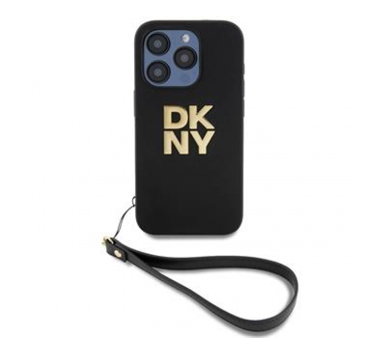 DKNY PU Leather Stack Logo Wrist Strap Zadní Kryt pro iPhone 14 Pro Black