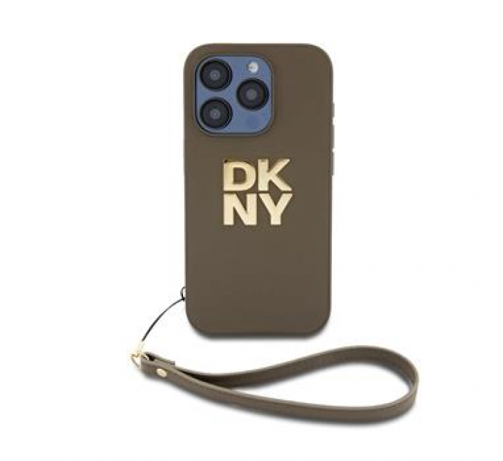 DKNY PU Leather Stack Logo Wrist Strap Zadní Kryt pro iPhone 15 Pro Max Green