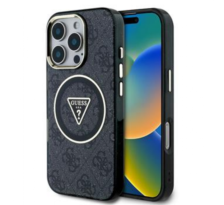 Guess IML 4G Glitter and Triangle Logo MagSafe Zadní Kryt pro iPhone 16 Pro Max Black