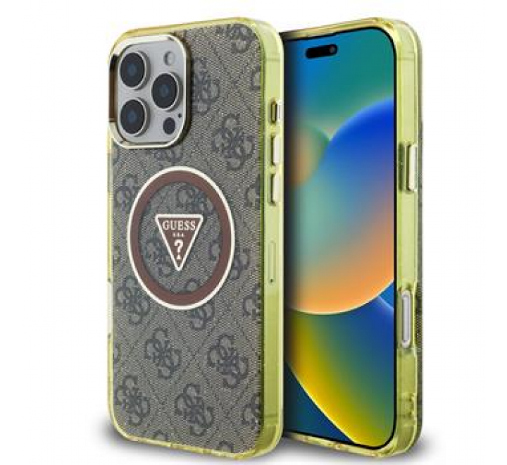 Guess IML 4G Glitter and Triangle Logo MagSafe Zadní Kryt pro iPhone 16 Pro Max Brown