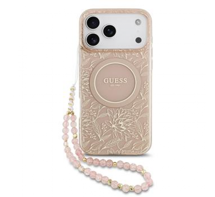 Guess IML Flowers Allover Strap MagSafe Zadní Kryt pro iPhone 17 Pro Max Pink