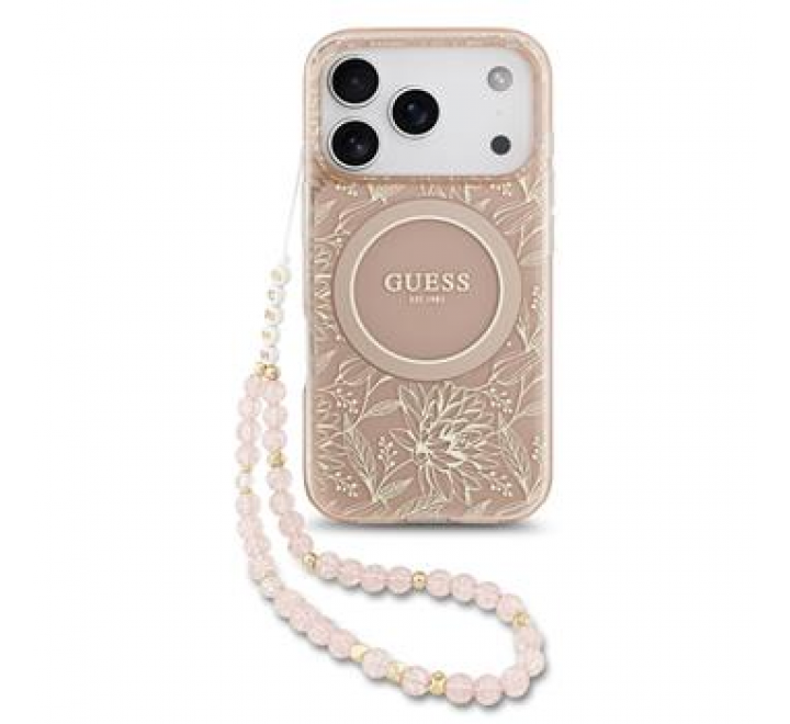 Guess IML Flowers Allover Strap MagSafe Zadní Kryt pro iPhone 17 Pro Pink