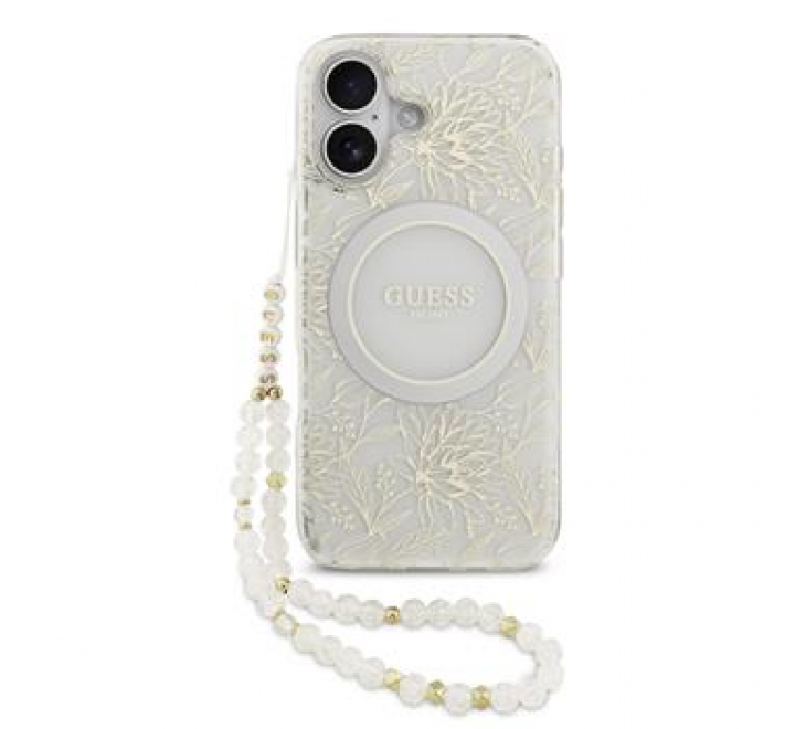 Guess IML Flowers Allover Strap MagSafe Zadní Kryt pro iPhone 17 White