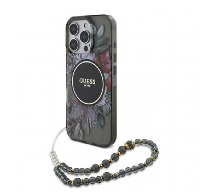 Guess IML Flowers Pearl Strap MagSafe Zadní Kryt pro iPhone 16 Pro Max Black