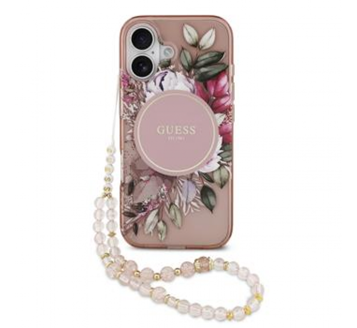 Guess IML Flowers Strap MagSafe Zadní Kryt pro iPhone 17 Pink