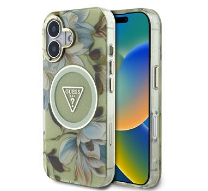 Guess IML Glitter Magnolia and Triangle Logo MagSafe Zadní Kryt pro iPhone 16 Green