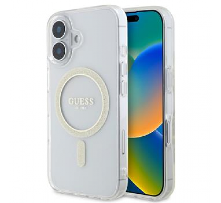 Guess IML Glitter Ring MagSafe Zadní Kryt pro iPhone 16 Plus Transparent