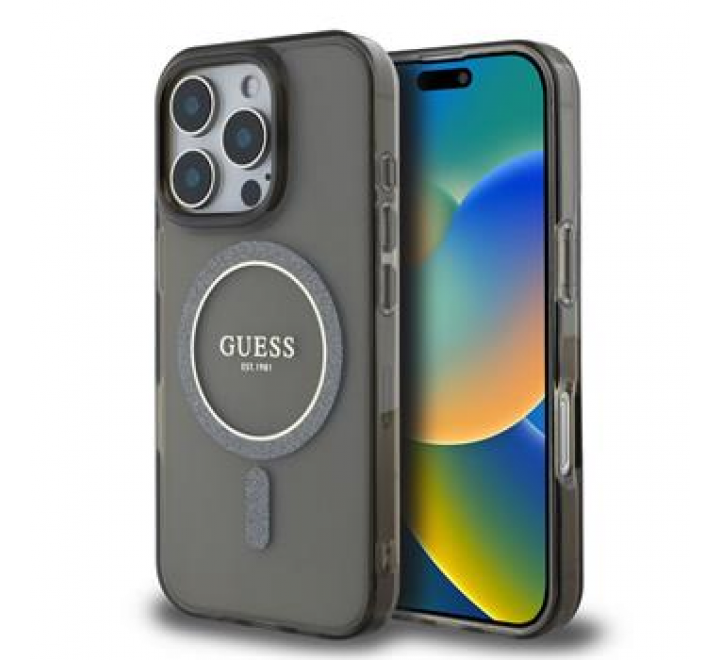 Guess IML Glitter Ring MagSafe Zadní Kryt pro iPhone 16 Pro Max Black