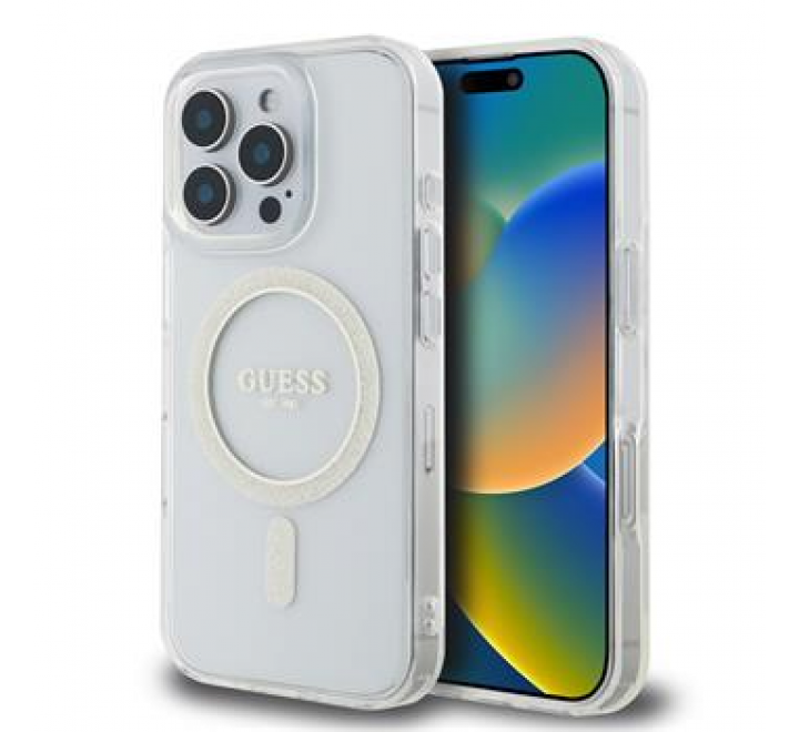 Guess IML Glitter Ring MagSafe Zadní Kryt pro iPhone 16 Pro Transparent