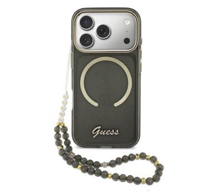 Guess IML Glitter Script Strap MagSafe Zadní Kryt pro iPhone 17 Pro Black