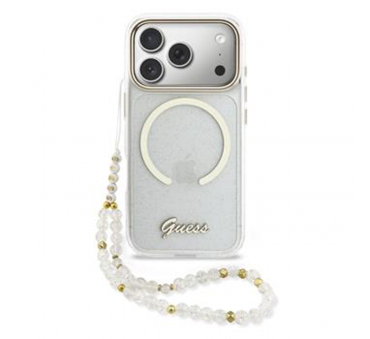 Guess IML Glitter Script Strap MagSafe Zadní Kryt pro iPhone 17 Pro Max Transparent