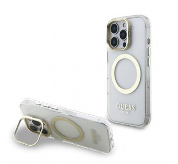 Guess IML Gold Outline Stand Camera Frame MagSafe Zadní Kryt pro iPhone 16 Pro Max Transparent