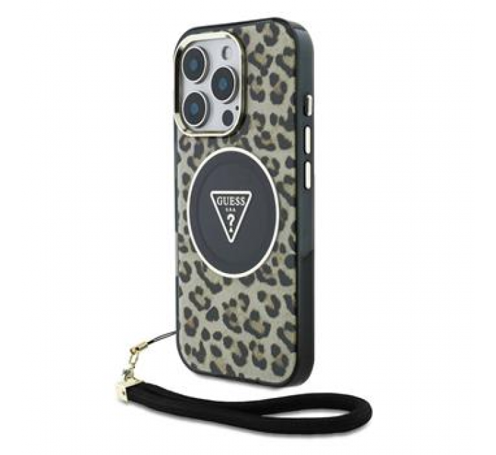 Guess IML Leopard Triangle Logo Strap MagSafe Zadní Kryt pro iPhone 16 Pro Brown