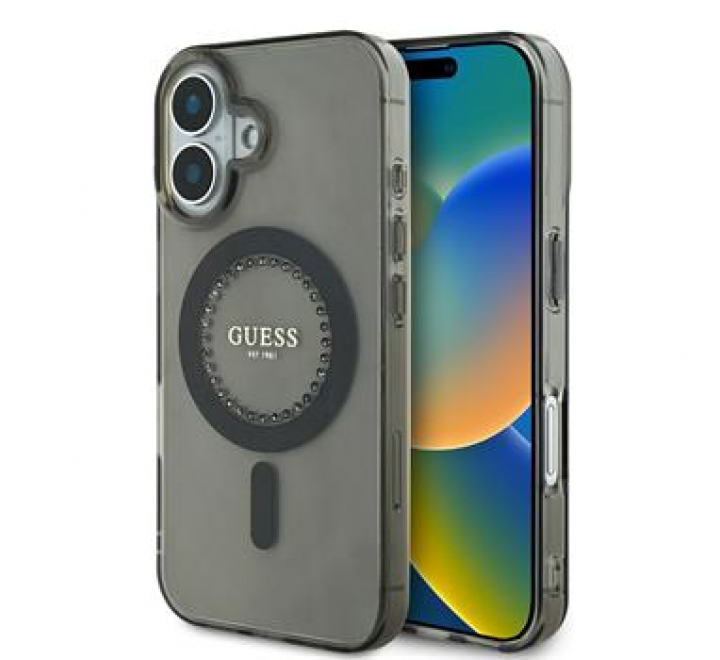 Guess IML Rhinestones Ring MagSafe Zadní Kryt pro iPhone 16 Black