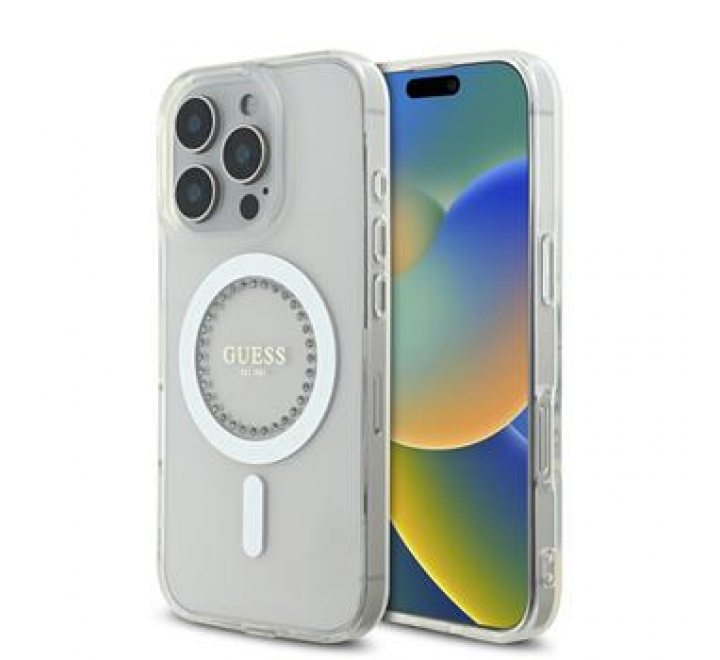 Guess IML Rhinestones Ring MagSafe Zadní Kryt pro iPhone 16 Pro White 