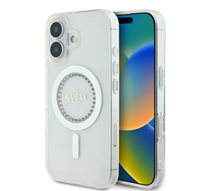Guess IML Rhinestones Ring MagSafe Zadní Kryt pro iPhone 16 White 