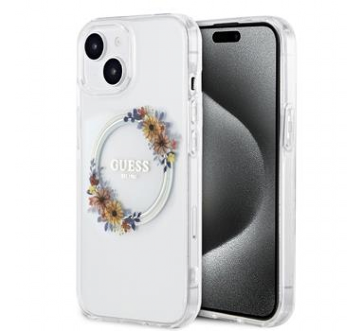 Guess PC/TPU Flowers Ring Glossy Logo MagSafe Zadní Kryt pro iPhone 15 Plus Transparent