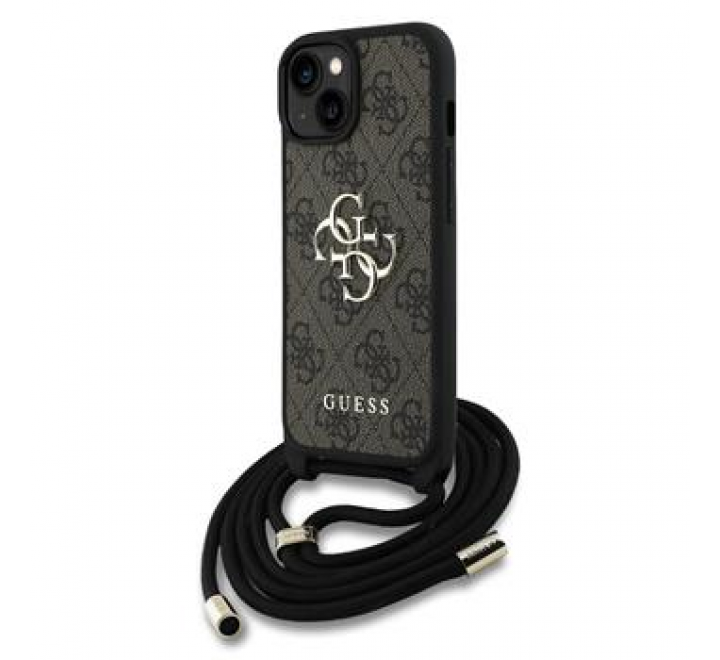 Guess PU 4G Metal Logo Crossbody Popruh Zadní Kryt pro iPhone 15 Brown