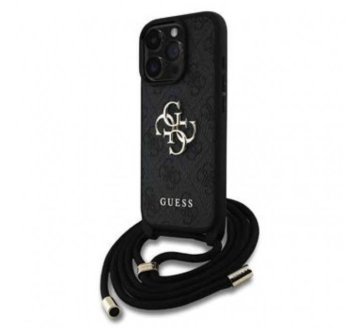 Guess PU 4G Metal Logo Crossbody Popruh Zadní Kryt pro iPhone 16 Pro Black