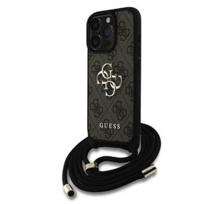 Guess PU 4G Metal Logo Crossbody Popruh Zadní Kryt pro iPhone 16 Pro Brown