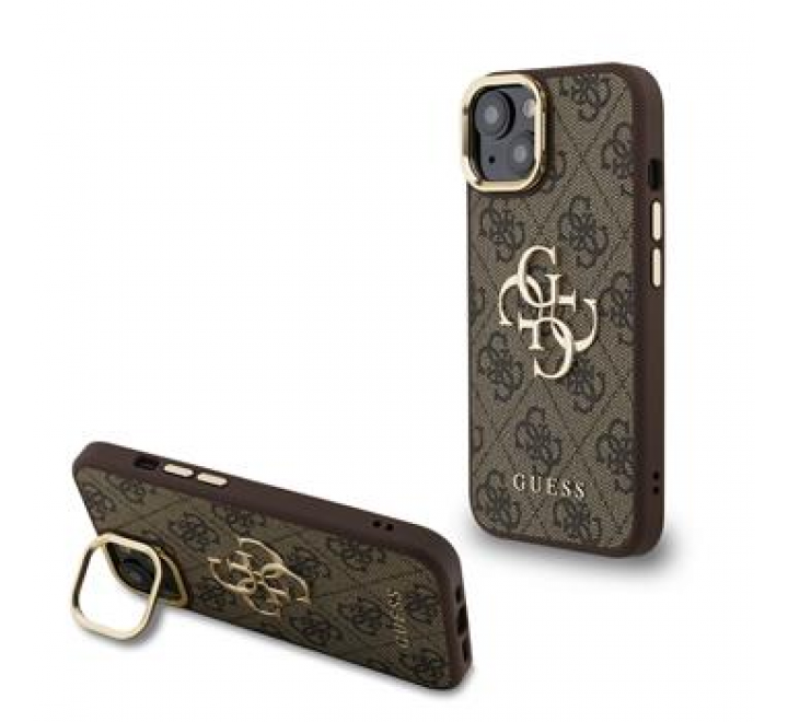 Guess PU 4G Metal Logo Stand Camera Frame Zadní Kryt pro iPhone 14 Brown