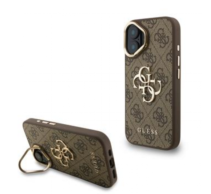 Guess PU 4G Metal Logo Stand Camera Frame Zadní Kryt pro iPhone 16 Brown