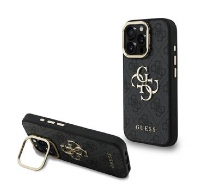 Guess PU 4G Metal Logo Stand Camera Frame Zadní Kryt pro iPhone 16 Pro Black