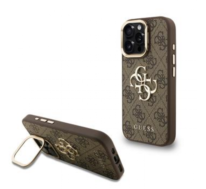 Guess PU 4G Metal Logo Stand Camera Frame Zadní Kryt pro iPhone 16 Pro Max Brown