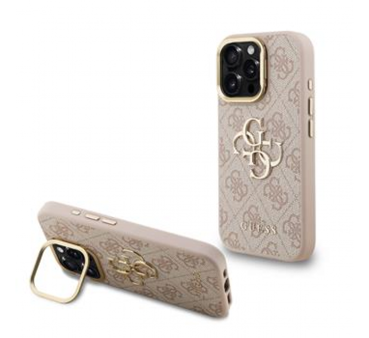 Guess PU 4G Metal Logo Stand Camera Frame Zadní Kryt pro iPhone 16 Pro Max Pink