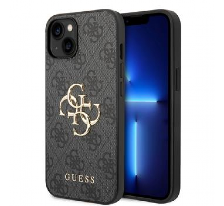 Guess PU 4G Metal Logo Zadní Kryt pro iPhone 15 Grey