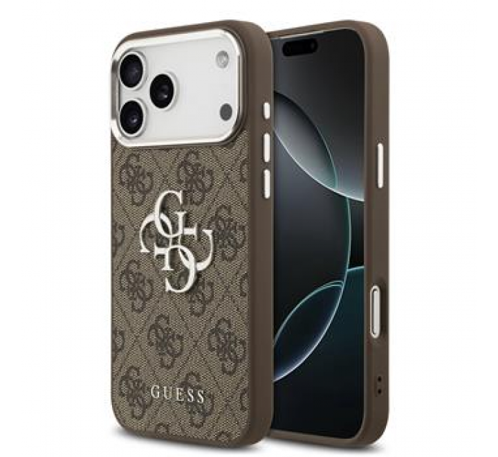 Guess PU 4G Metal Logo Zadní Kryt pro iPhone 17 Pro Max Silver Brown