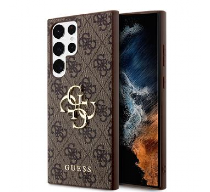 Guess PU 4G Metal Logo Zadní Kryt pro Samsung Galaxy S24 Ultra Brown
