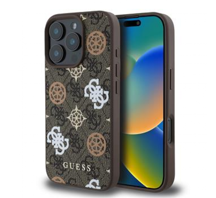 Guess PU 4G Peony MagSafe Zadní Kryt pro iPhone 16 Pro Brown