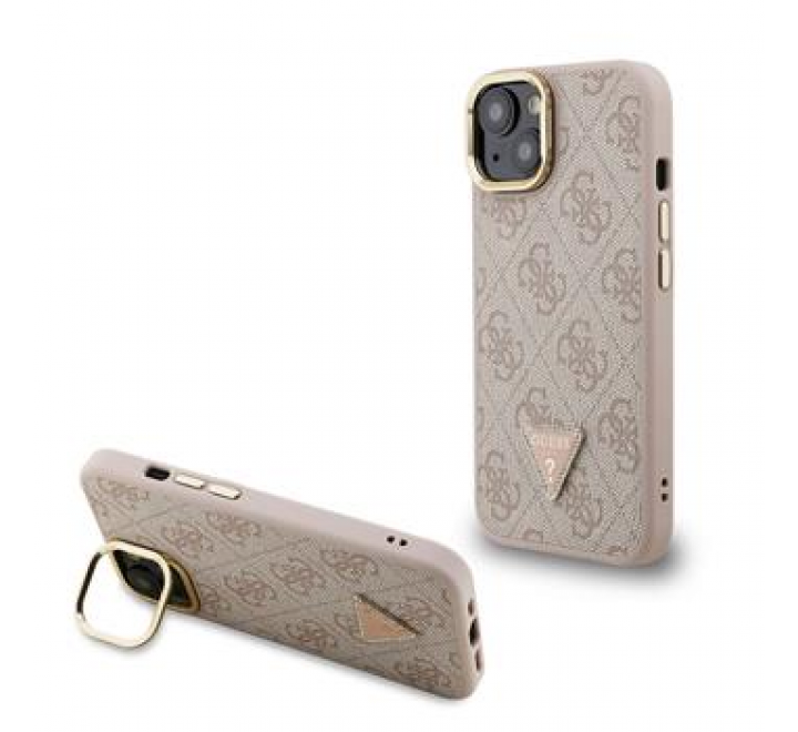 Guess PU 4G Strass Triangle Logo Stand Camera Frame MagSafe Zadní Kryt pro iPhone 13 Pink