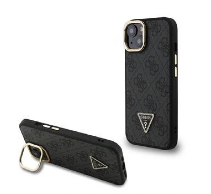 Guess PU 4G Strass Triangle Logo Stand Camera Frame MagSafe Zadní Kryt pro iPhone 14 Black