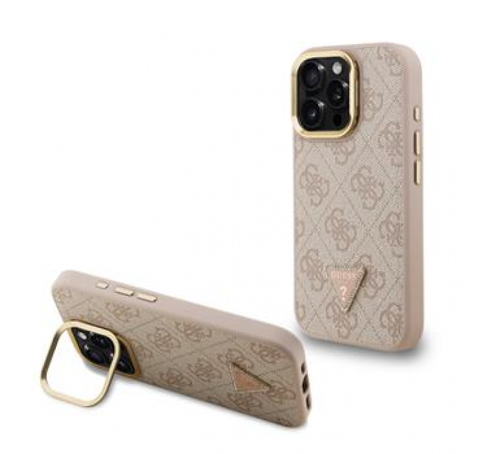 Guess PU 4G Strass Triangle Logo Stand Camera Frame MagSafe Zadní Kryt pro iPhone 15 Pro Pink