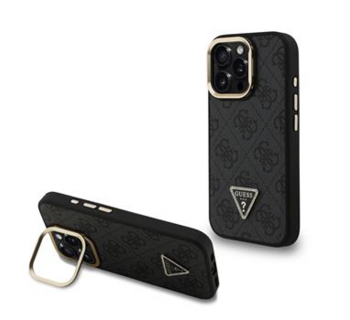 Guess PU 4G Strass Triangle Logo Stand Camera Frame MagSafe Zadní Kryt pro iPhone 16 Pro Black