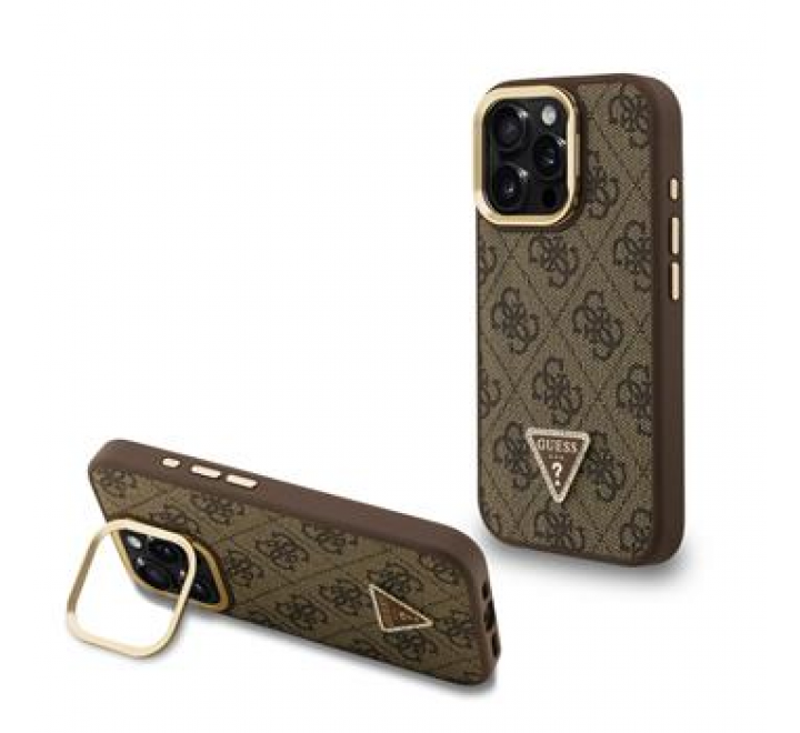 Guess PU 4G Strass Triangle Logo Stand Camera Frame MagSafe Zadní Kryt pro iPhone 16 Pro Brown