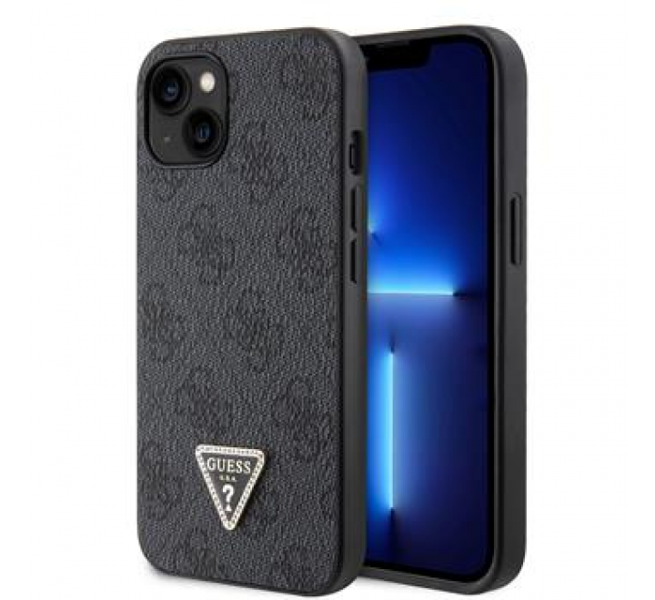 Guess PU 4G Strass Triangle Metal Logo Zadní Kryt pro iPhone 15 Black