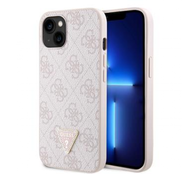 Guess PU 4G Strass Triangle Metal Logo Zadní Kryt pro iPhone 15 Pink