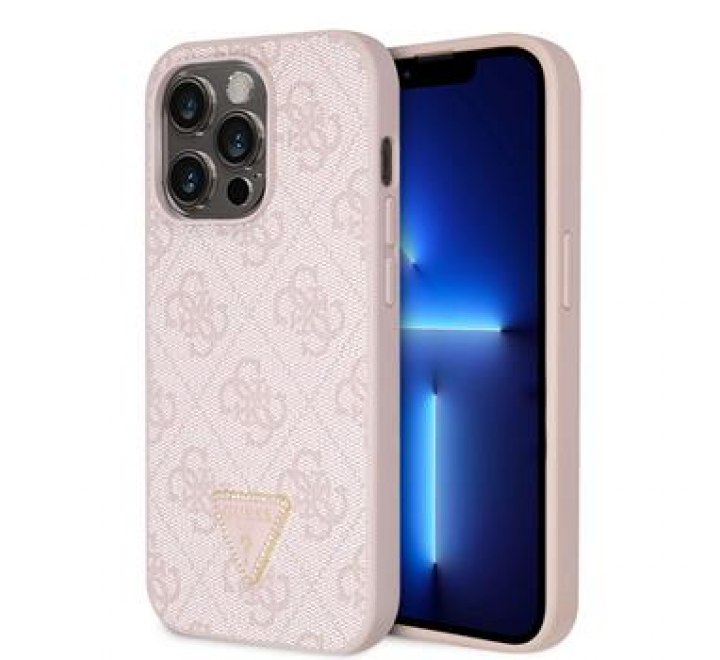 Guess PU 4G Strass Triangle Metal Logo Zadní Kryt pro iPhone 15 Pro Pink